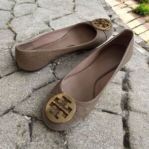 TORY BURCH Beige Leather Suede Ballet Logo Flats Size 8.5